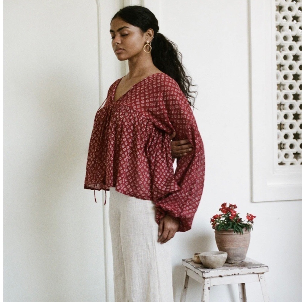 Daughters of India Burgundy Floral Billowy Peasant Blouse - Picture 6 of 13